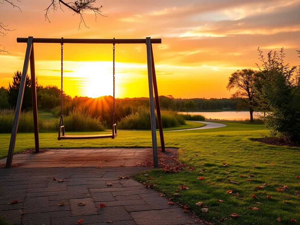 Flick International A serene family park at sunset with an empty swing set, symbolizing childhood and memories.