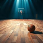Flick International Worn-down hardwood basketball court with a prominent 3-point line and a basketball resting on it