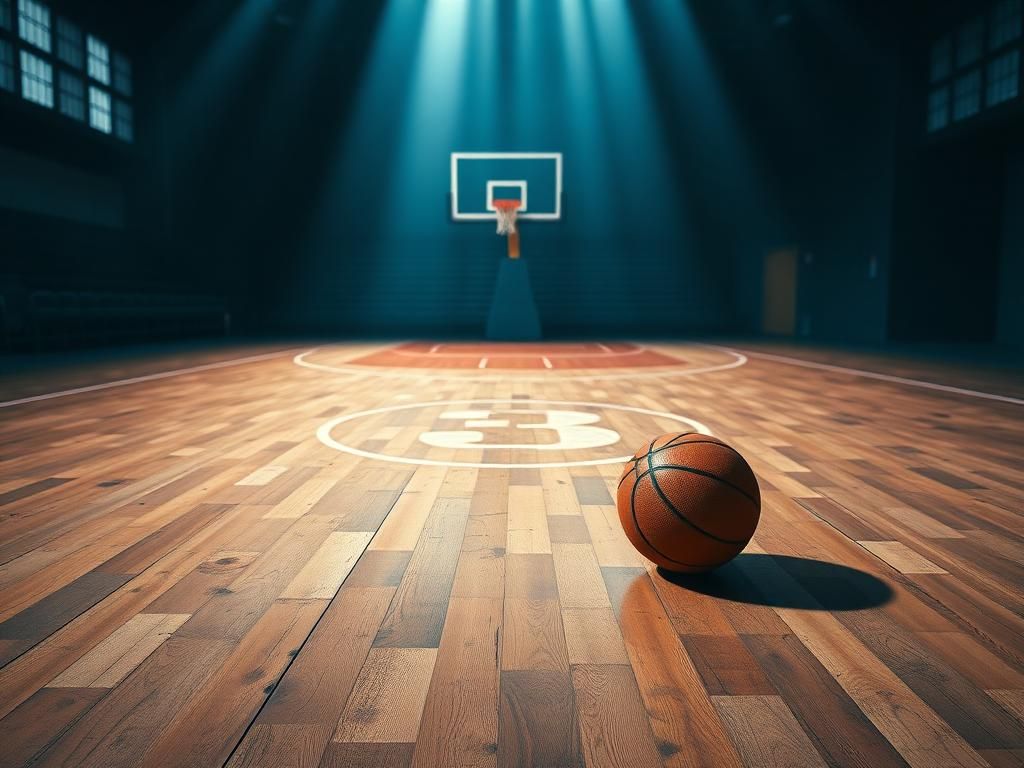 Flick International Worn-down hardwood basketball court with a prominent 3-point line and a basketball resting on it