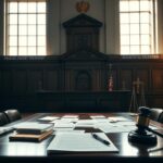 Flick International A solemn courtroom scene showcasing the ornate judge's bench and an empty witness stand.