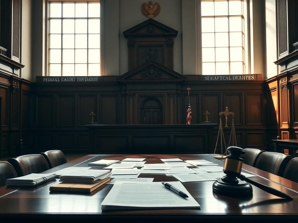 Flick International A solemn courtroom scene showcasing the ornate judge's bench and an empty witness stand.