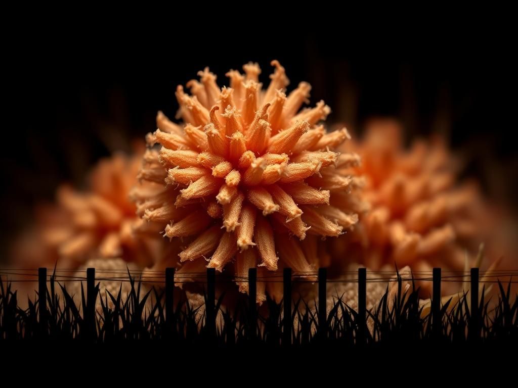 Flick International Close-up view of a microscopic fungal structure showcasing its intricate features against a dark background.