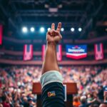 Flick International Dramatic rally scene with a raised arm resembling a salute in a political context
