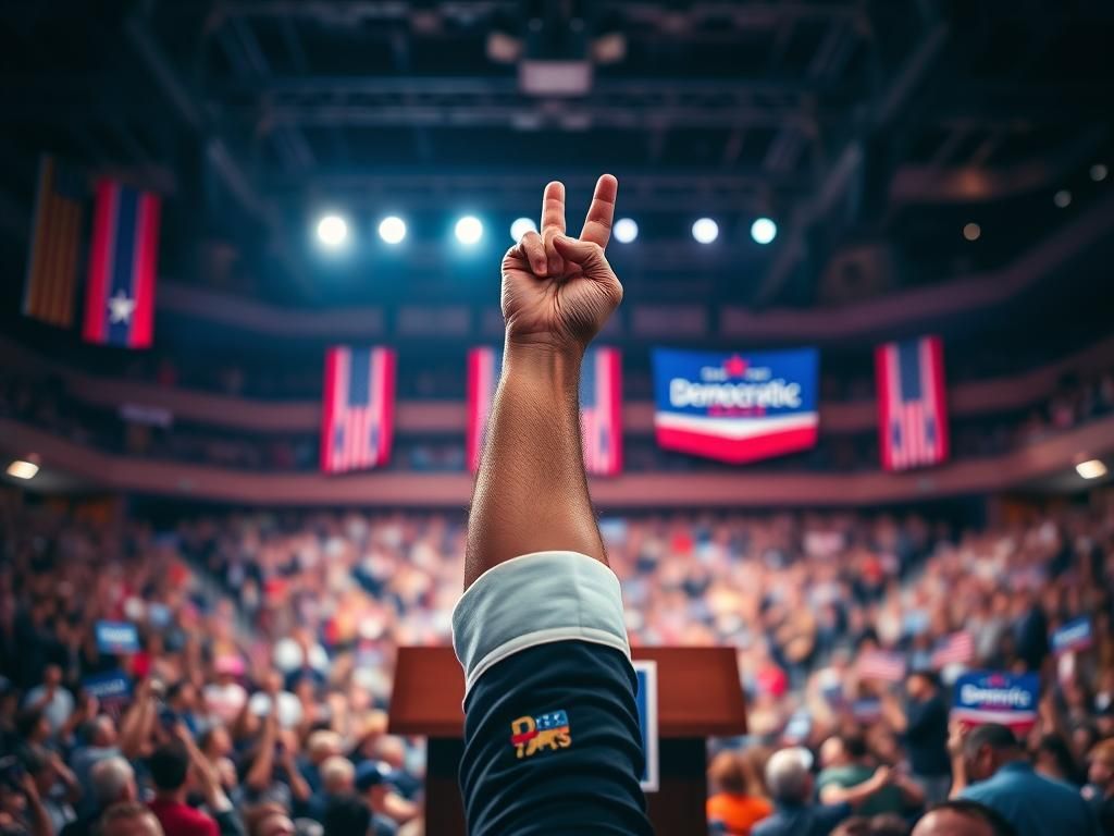 Flick International Dramatic rally scene with a raised arm resembling a salute in a political context