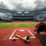 Flick International Empty Fenway Park baseball diamond with a bat and ball on home plate