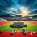 Flick International A vibrant California track stadium showcasing empty racing shoes symbolizing Clara Adams and her competitor amidst a dramatic sunset sky.
