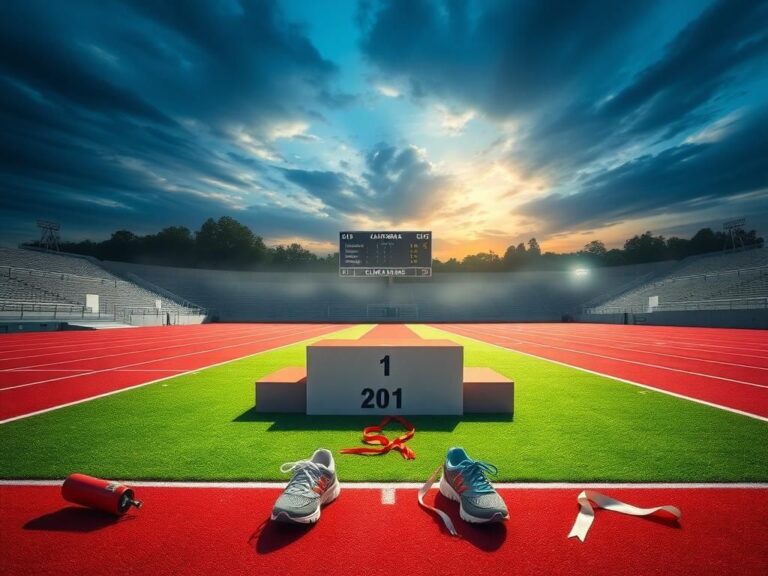 Flick International A vibrant California track stadium showcasing empty racing shoes symbolizing Clara Adams and her competitor amidst a dramatic sunset sky.