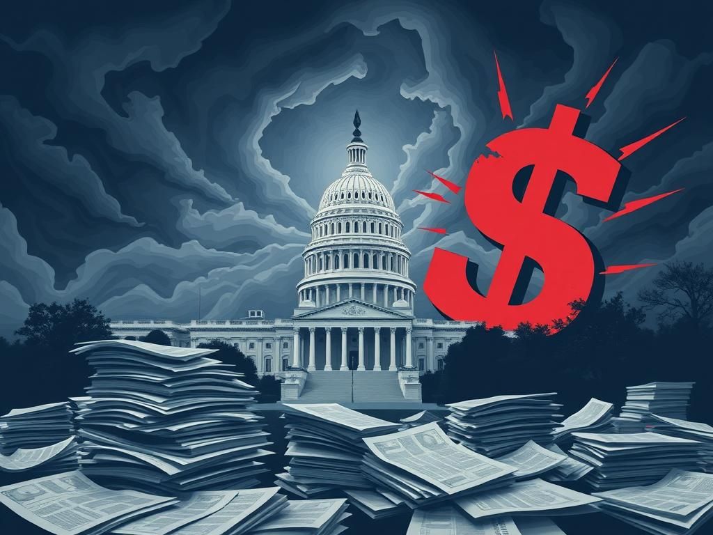 Flick International Stylized Capitol building under storm clouds symbolizing political turmoil
