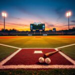 Flick International A vibrant baseball field at dusk with illuminated stadium lights and an empty home plate symbolizing anticipation for rising star Jac Caglianone.