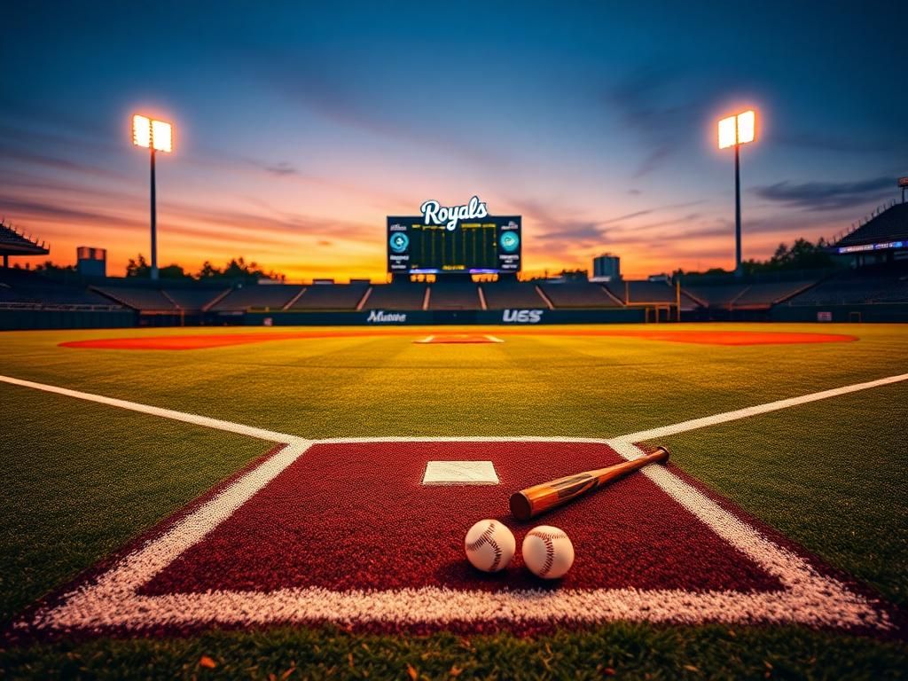 Flick International A vibrant baseball field at dusk with illuminated stadium lights and an empty home plate symbolizing anticipation for rising star Jac Caglianone.