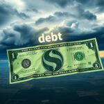 Flick International A large, intricately designed dollar bill unfurling across a vast landscape amid dark storm clouds, symbolizing Trump's spending proposal.