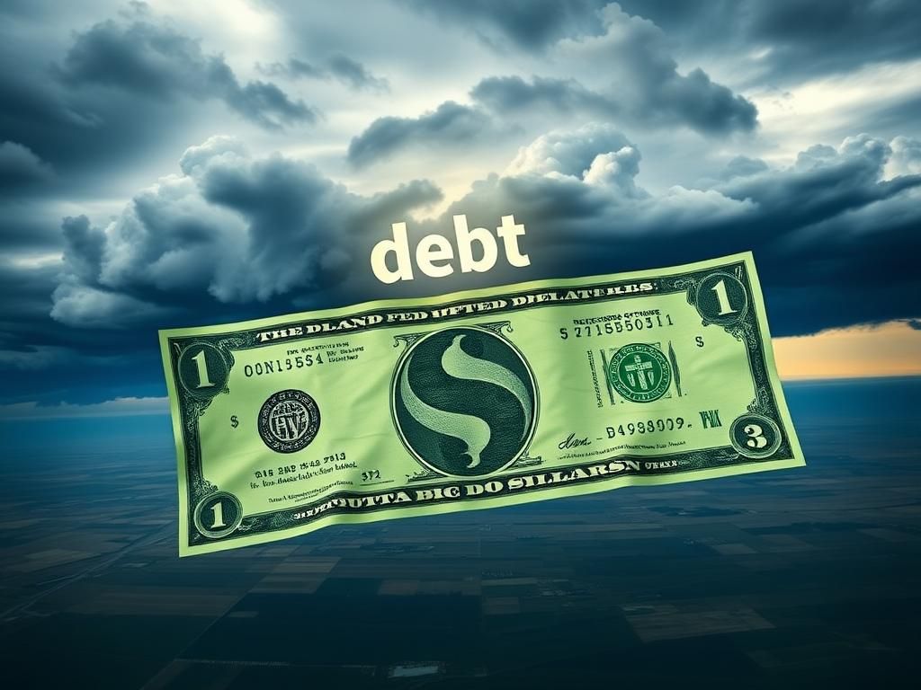 Flick International A large, intricately designed dollar bill unfurling across a vast landscape amid dark storm clouds, symbolizing Trump's spending proposal.