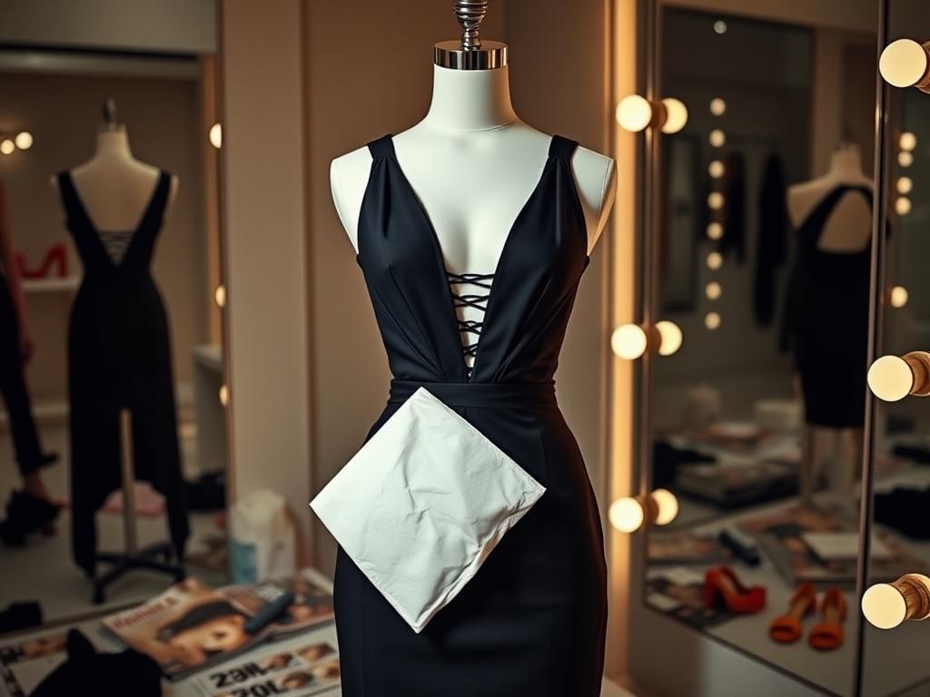 Flick International Stylish black mini-dress on mannequin with plunging neckline