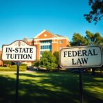 Flick International Serene university campus scene featuring a prominent brick building and signposts representing in-state tuition and federal law.