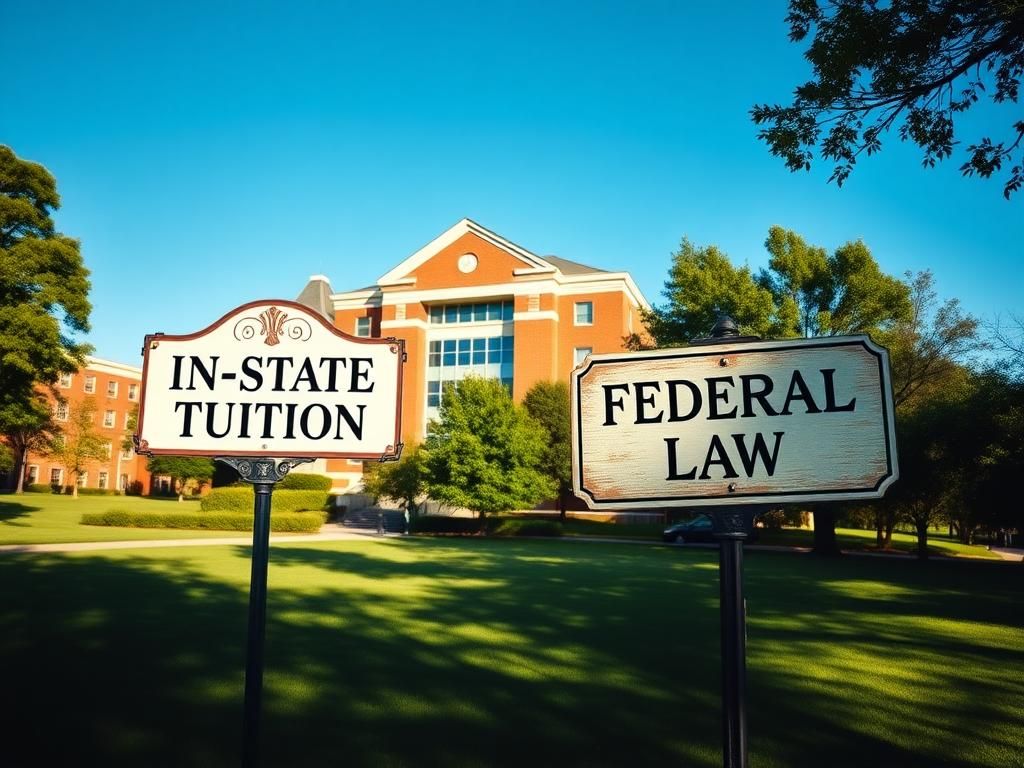 Flick International Serene university campus scene featuring a prominent brick building and signposts representing in-state tuition and federal law.