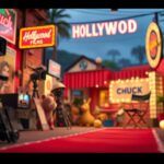 Flick International Vintage movie set featuring retro film posters and classic camera equipment from the 1980s