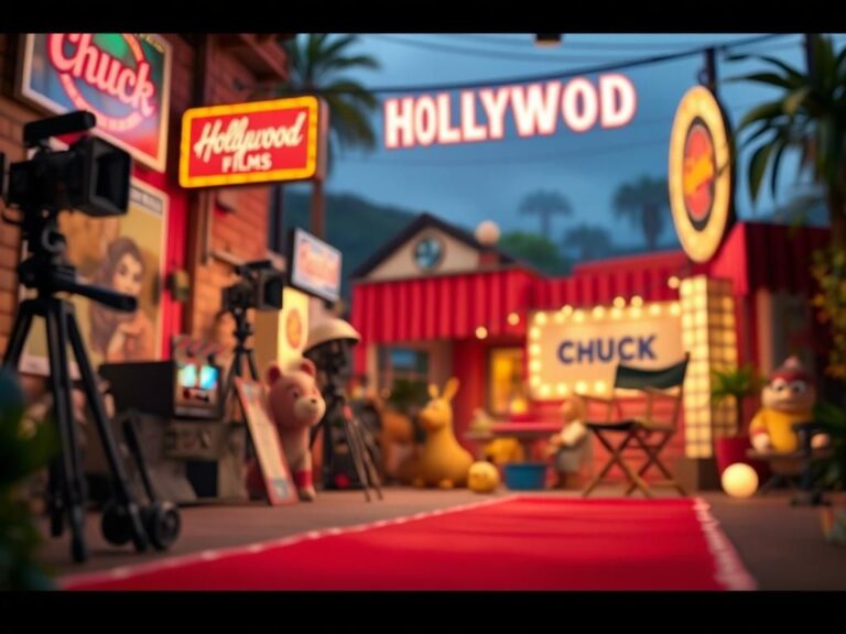 Flick International Vintage movie set featuring retro film posters and classic camera equipment from the 1980s