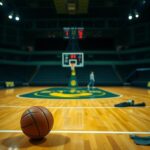 Flick International Empty indoor basketball court of the Seattle Storm featuring their iconic green and yellow colors after a controversial event.
