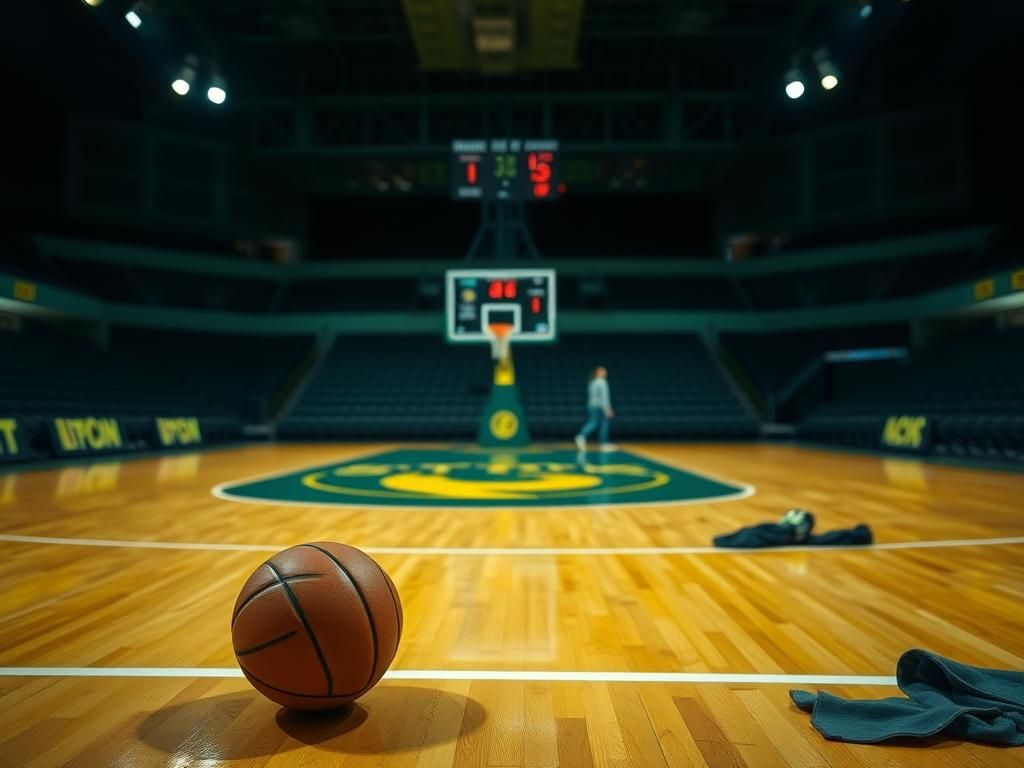 Flick International Empty indoor basketball court of the Seattle Storm featuring their iconic green and yellow colors after a controversial event.