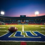 Flick International Empty football stadium at dusk with New York Giants logo