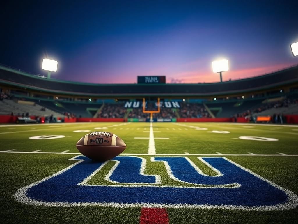 Flick International Empty football stadium at dusk with New York Giants logo