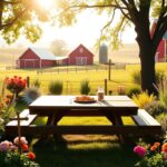 Flick International A vibrant family garden scene with a wooden picnic table, symbolizing growth and nurturing love.