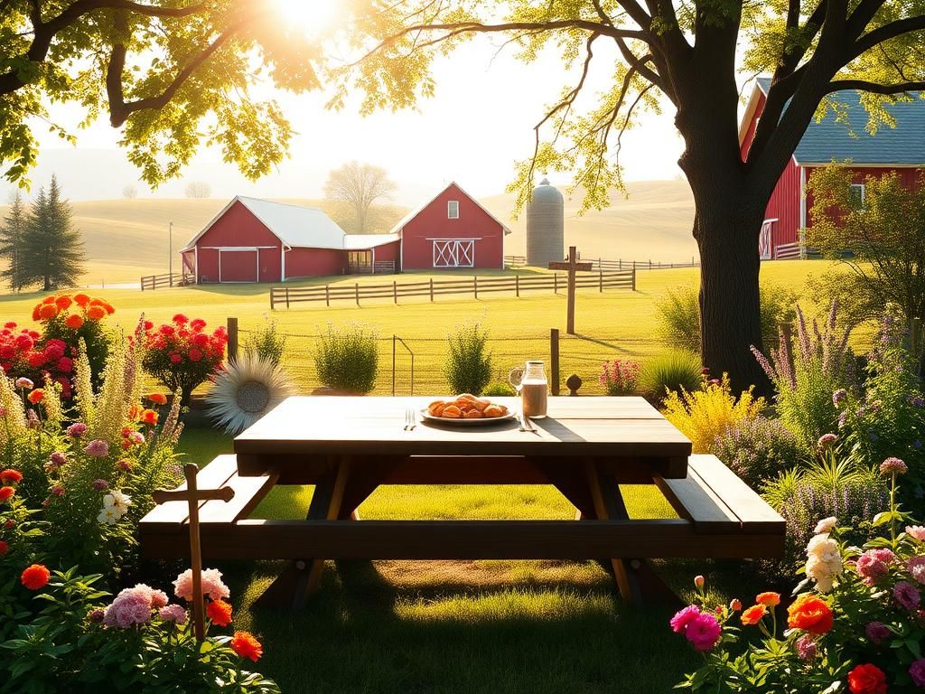 Flick International A vibrant family garden scene with a wooden picnic table, symbolizing growth and nurturing love.