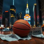 Flick International A vintage basketball on a worn hardwood floor with the illuminated New York City skyline in the background
