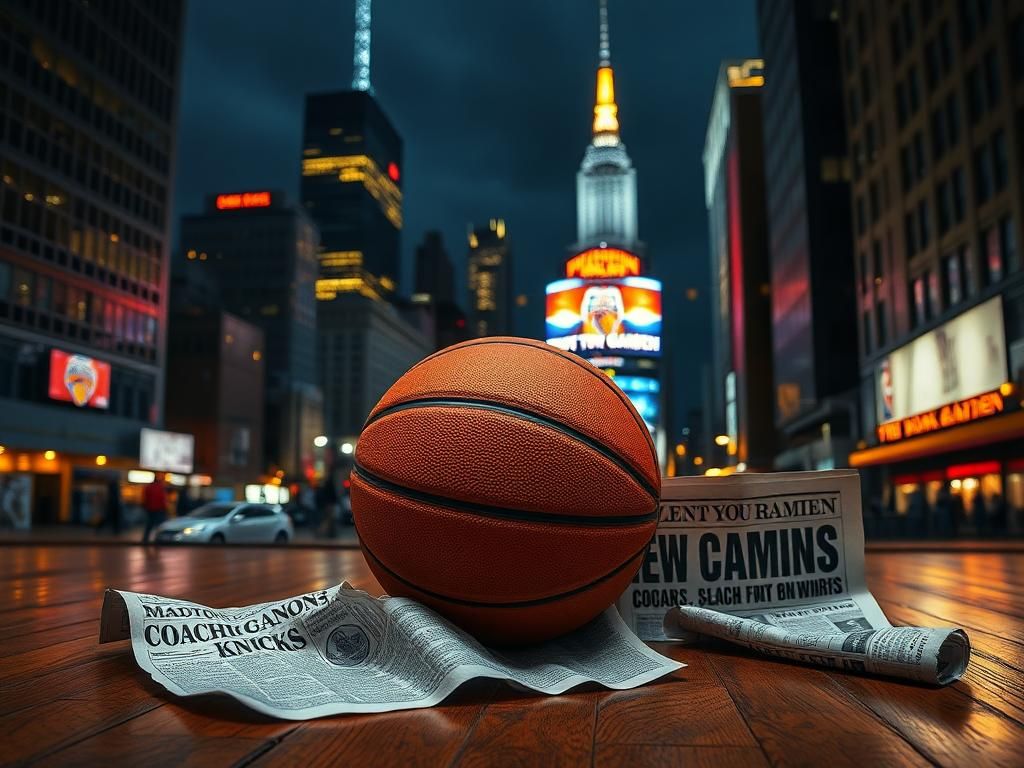 Flick International A vintage basketball on a worn hardwood floor with the illuminated New York City skyline in the background