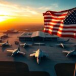 Flick International Aerial view of a modern military base with fighter jets under a vibrant sunset