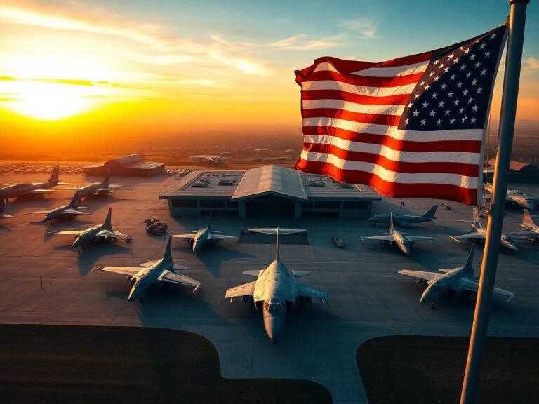 Flick International Aerial view of a modern military base with fighter jets under a vibrant sunset