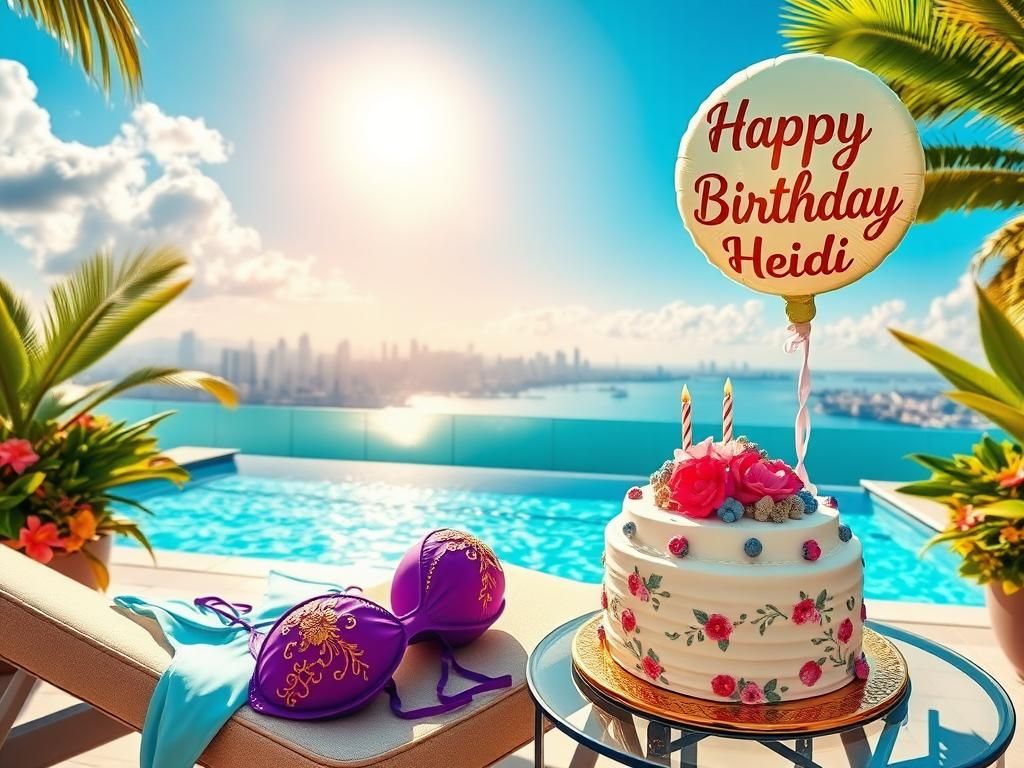 Flick International Heidi Klum modeling a bold purple bikini poolside at her 52nd birthday celebration