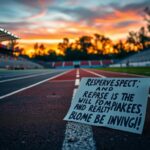 Flick International Dramatic close-up of an empty track stadium with focus on the starting line and a discarded protest sign on the ground