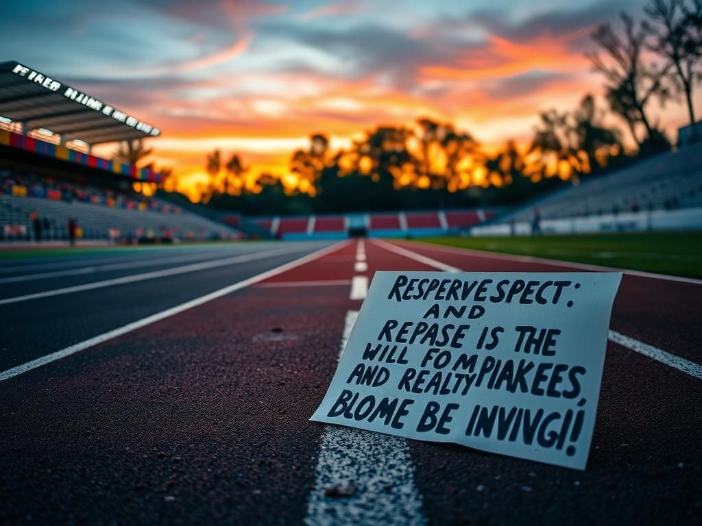 Flick International Dramatic close-up of an empty track stadium with focus on the starting line and a discarded protest sign on the ground