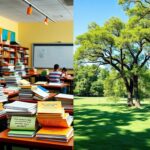 Flick International Split image showing a vibrant classroom juxtaposed with a serene park scene, reflecting the tension of academic inquiry on sexuality.
