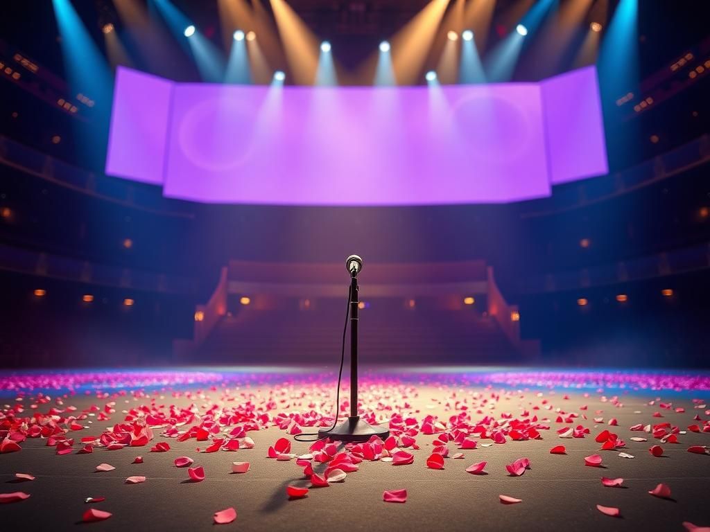 Flick International Empty concert stage at The Colosseum in Las Vegas illuminated with blue and purple lights, featuring a microphone stand and rose petals.