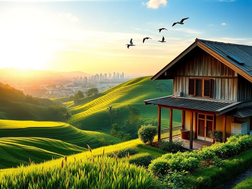 Flick International Serene landscape of Vietnam featuring green rice terraces and urban skyline