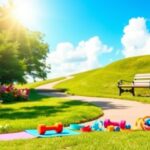 Flick International Serene outdoor scene with exercise equipment symbolizing health and rejuvenation