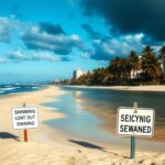 Flick International San Diego beach scene with murky waters and warning sign about sewage contamination