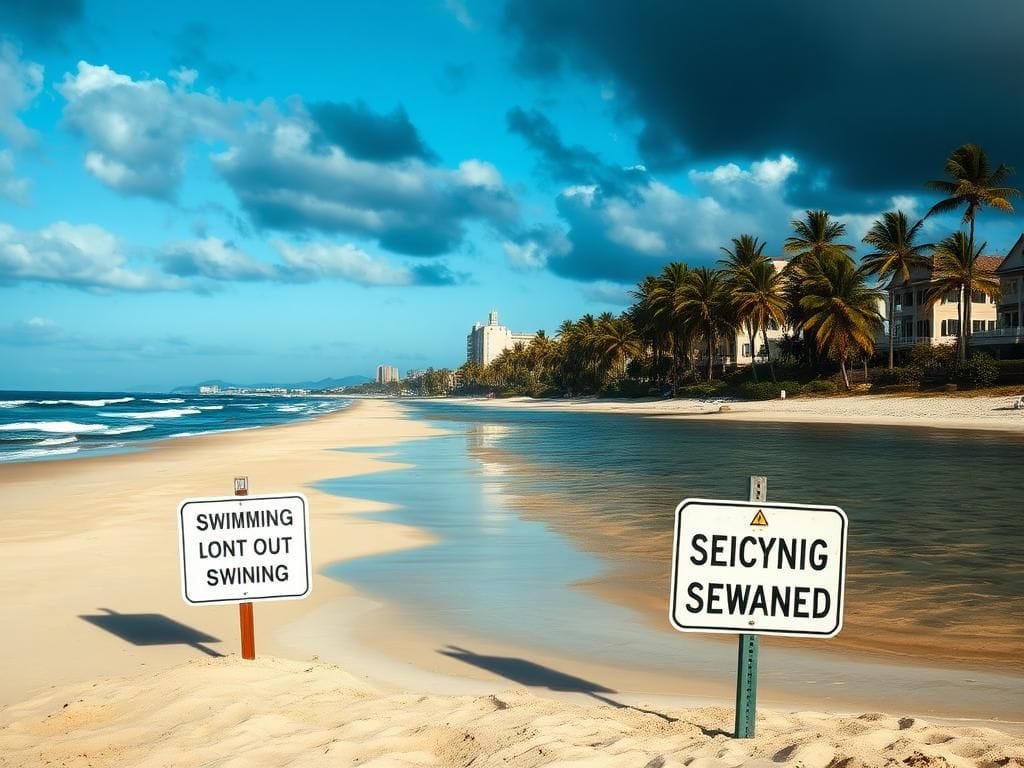 Flick International San Diego beach scene with murky waters and warning sign about sewage contamination