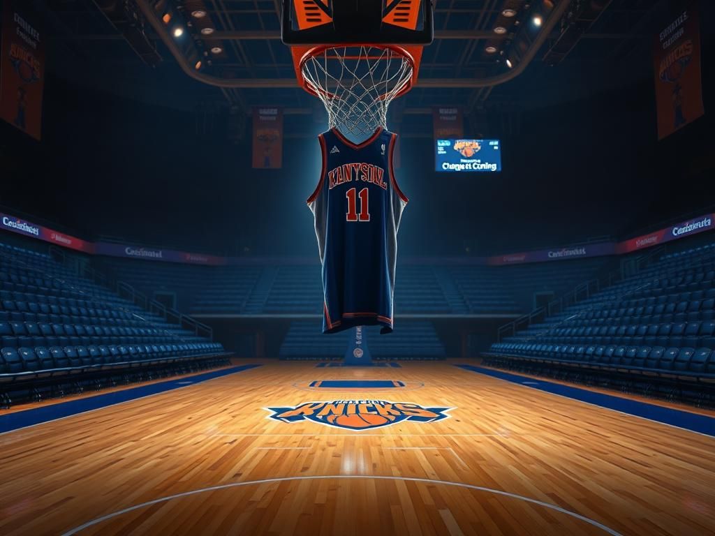 Flick International Dramatic basketball court scene with Knicks jersey symbolizing change