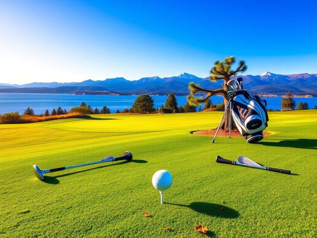 Flick International A scenic view of Edgewood Tahoe Golf Course with a golf ball on a tee