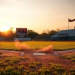 Flick International A vibrant high school softball field at dawn with sunlit grass and a scoreboard showing '2-3'