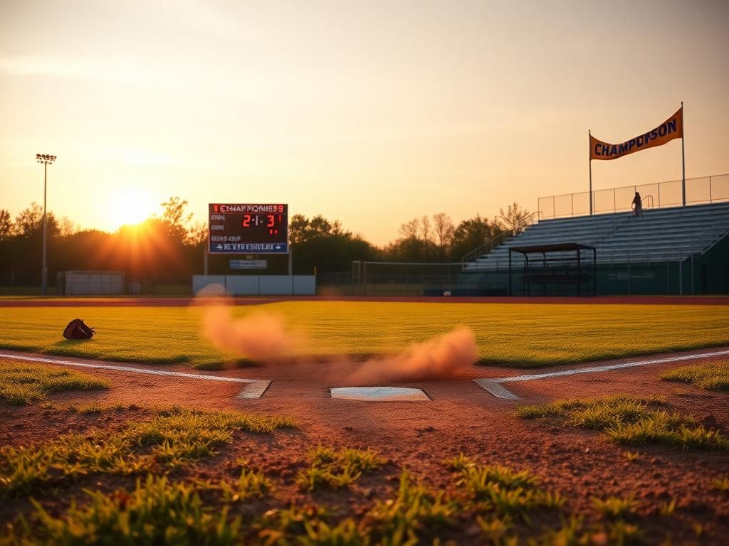 Flick International A vibrant high school softball field at dawn with sunlit grass and a scoreboard showing '2-3'