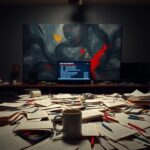 Flick International A dimly lit writers' room post-election filled with emotional chaos and scattered scripts