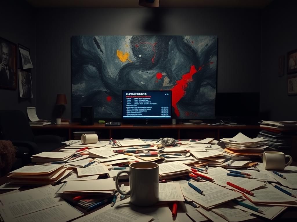 Flick International A dimly lit writers' room post-election filled with emotional chaos and scattered scripts