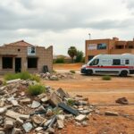 Flick International Desolate landscape in Israel with a destroyed community center and armored ambulance