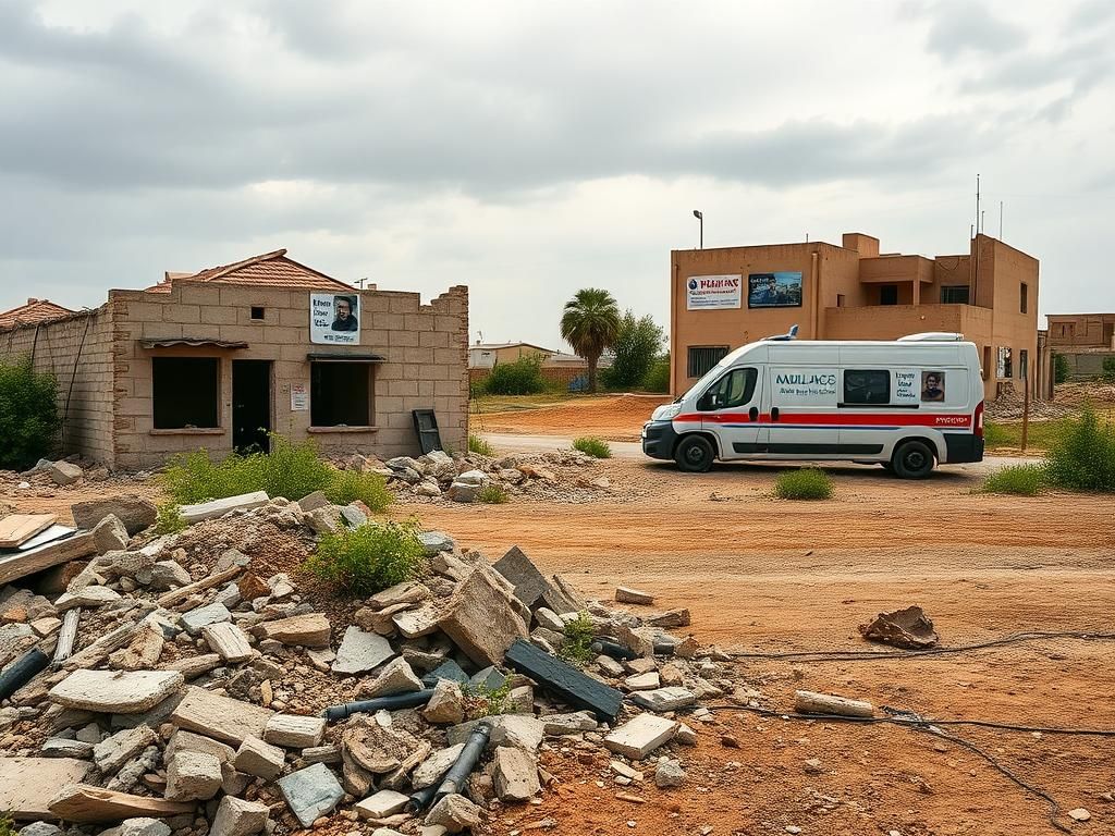 Flick International Desolate landscape in Israel with a destroyed community center and armored ambulance