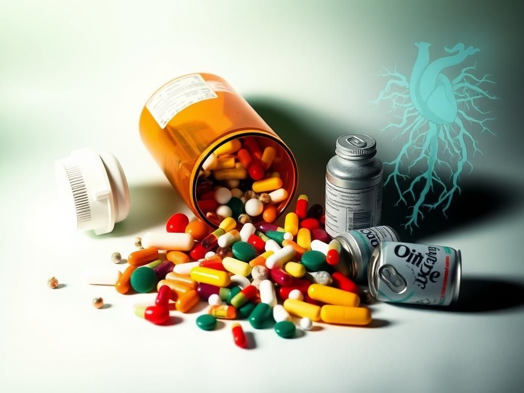 Flick International Arrangement of dietary supplements and vitamins around an open prescription bottle with empty soda cans.