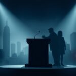 Flick International Dimly lit debate stage in New York City symbolizing political tension